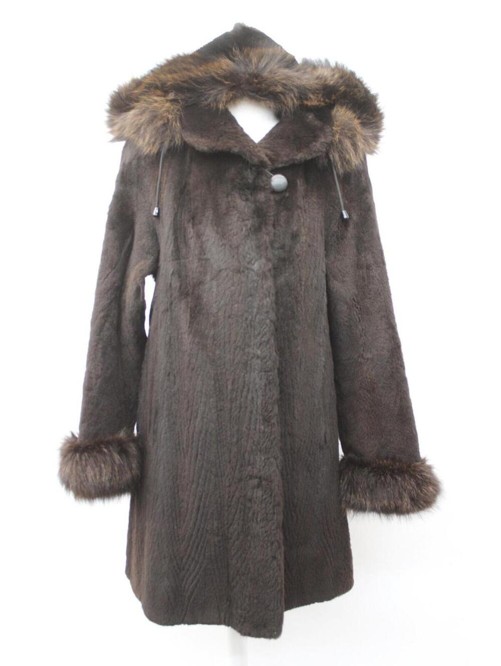 Excellent Brown Sheared Raccoon Fur Jacket Coat Women Woman Size 6 Small W/Hood